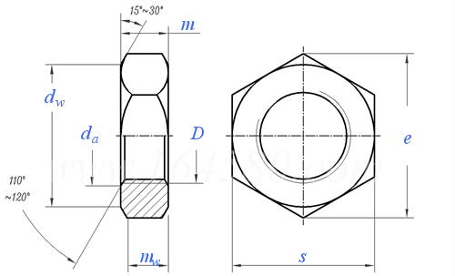 Hex Jam Nut technical drawing Hex Jam Nut technical drawing
